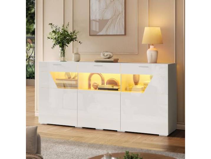BXEYXE Sideboard mit LED-Beleuchtung, Anrichte, Wohnzimmerschrank, Aufbewahrungsschrank mit 3 Türen, Türen mit Glasfront, Hochglanz-Oberfläche, App-steuerbarer LED-Beleuchtung, Spanplatten-Korpus