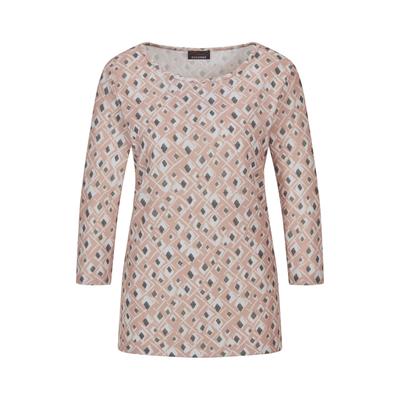 Print-Shirt GOLDNER "Halbarm Viskoseshirt im Allover-Design", Damen, Gr. 46, beige (beige, gemustert), Obermaterial: 80% Polyester PES. 15% Viskose CV. 5% Elasthan EL., U-Boot-Ausschnitt, Shirts, U-Boot-Ausschnitt