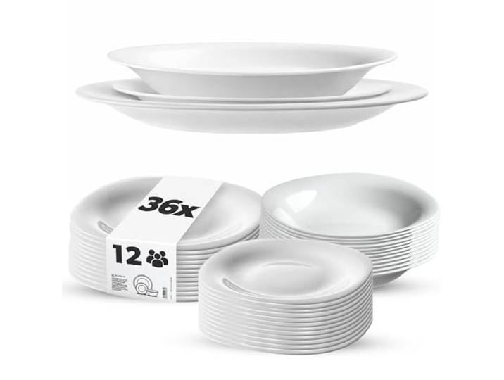 KADAX Geschirrset für 12 Person, 36-tlg, Tafelservice mit Suppenteller, Dessertteller und Speiseteller, Essgeschirr, Geschirr Set, Tellerset (Weiß XL)