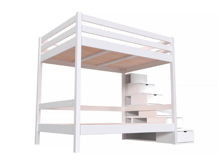Lit superposé 140x200 double + escalier rangement Sylvia 140x200 Blanc