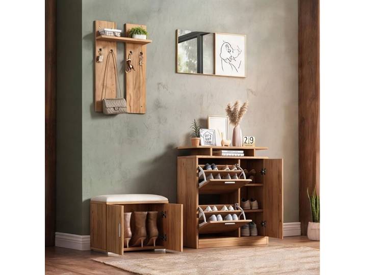 Ensemble vestiaire entrée 140 cm avec banc meuble 5 portes patères et miroir ton bois naturel