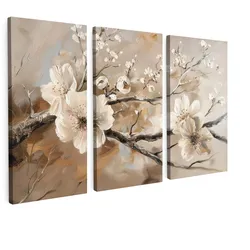 LEINWANDBILD 3er Set Blüte - Beige - Abstrakt - Blumen 90x60 cm
