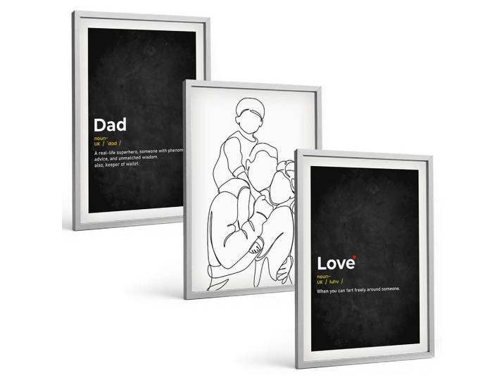 Tulup Bilder SET 3er Set - 40x60 cm Silberner Rahmen - Familiengeschichte, Kunst, Liebe, Vaterschaft, Silberfarben, Kunststoff, Rechteckig, 40x60 cm, Fotografie, Bilder & Rahmen, Bilder