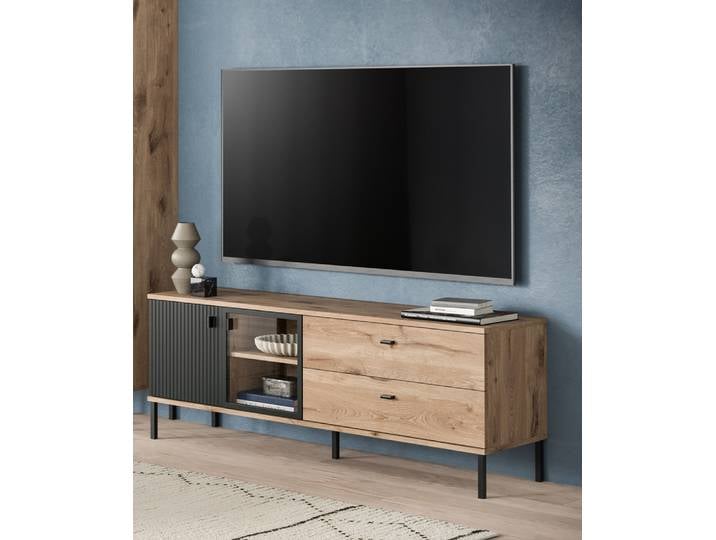 TV-Lowboard Chess , Nox Oak / schwarz mit Beleuchtung