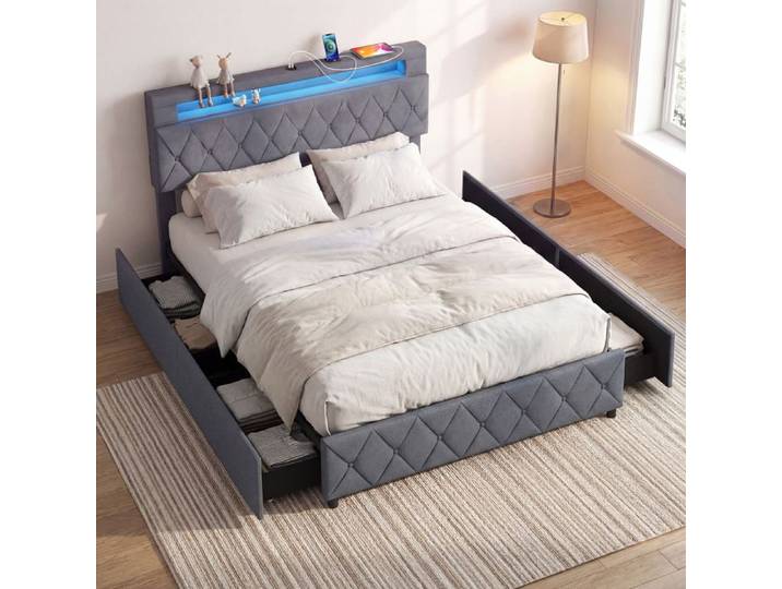 GIANTEX Lit Rembourré Double 140 x 200 CM Station de Charge Lumière LED Réglable Tête de Lit Réglable 4 Tiroirs Charge 500 kg