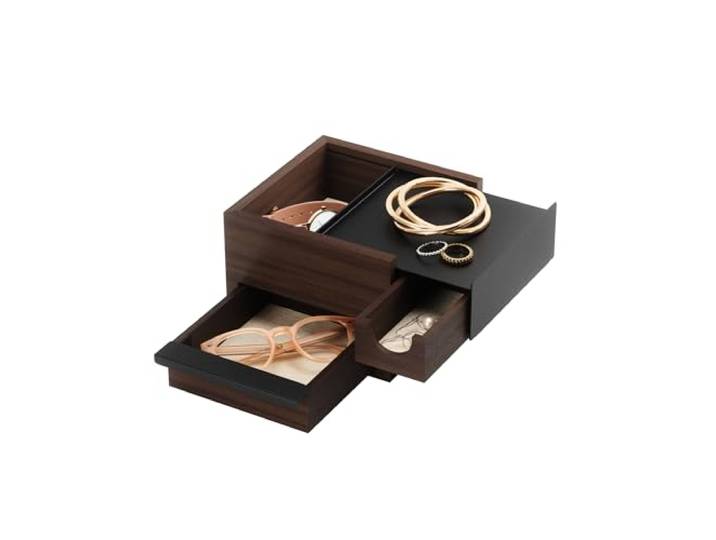 Umbra Mini Stowit Design Schmuckkasten – Schmuckbox mit Geheimfächern für Ringe, Armbänder, Halsketten, Uhren, Ohrringe & Accessoires, Holz/Metall, Schwarz/Walnuss, Klein