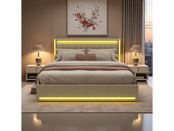 Lit Double 140x200 - Beige - 4 Tiroirs - LED RGB - USB/Type-C - Design Écologique