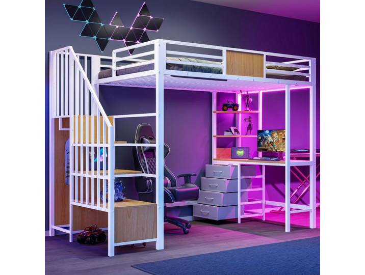 Design solide et protégé lit mezzanine surélevé avec bureau intégré avec éclairage led en métal