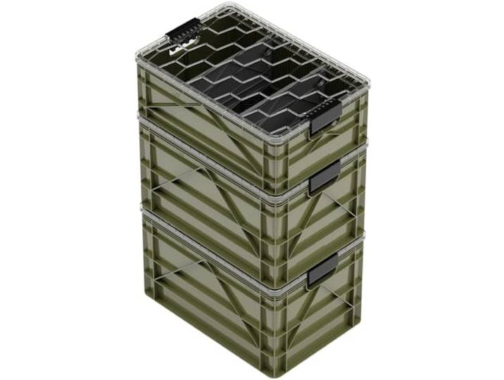 SIDIO CRATE Starter Pack PRO – zwei volle Größe und eine halbe Größe SidioCrate, stapelbare Outdoor-Organizer-Aufbewahrungsbehälter mit transparentem Deckel und Trennwänden, Grün