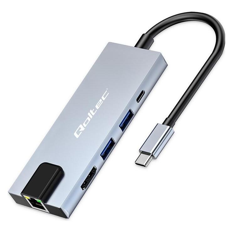 Qoltec USB-C Hub 5in1 mit USB-C PD 100W, 2xUSB, HDMI 4K, RJ45 (USB-C, 5 Ports) (53795)