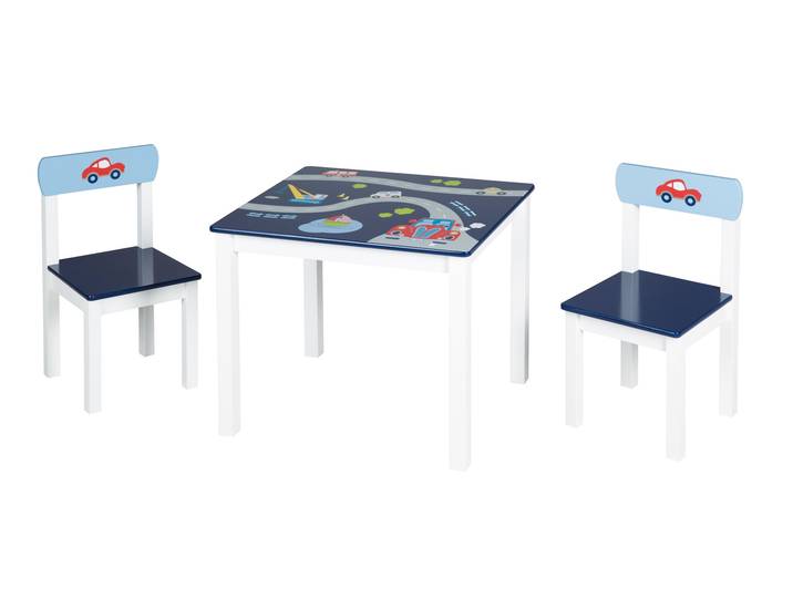 Kindersitzgruppe 'Rennfahrer', 2 Kinderstühle & 1 Tisch, mit Fahrzeug-Motiven in blau