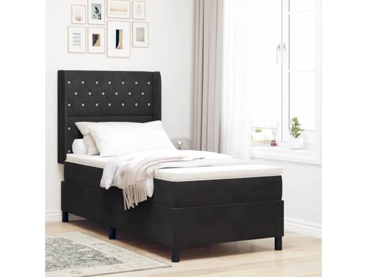 Boxspringbett mit Matratze und LED Schwarz 90 x 200 cm Samt USB-mehrfarbige LED-Lichter, höhenverstellbares Kopfteil, mittlere Festigkeit, Taschenfedern, technischer Holzrahmen