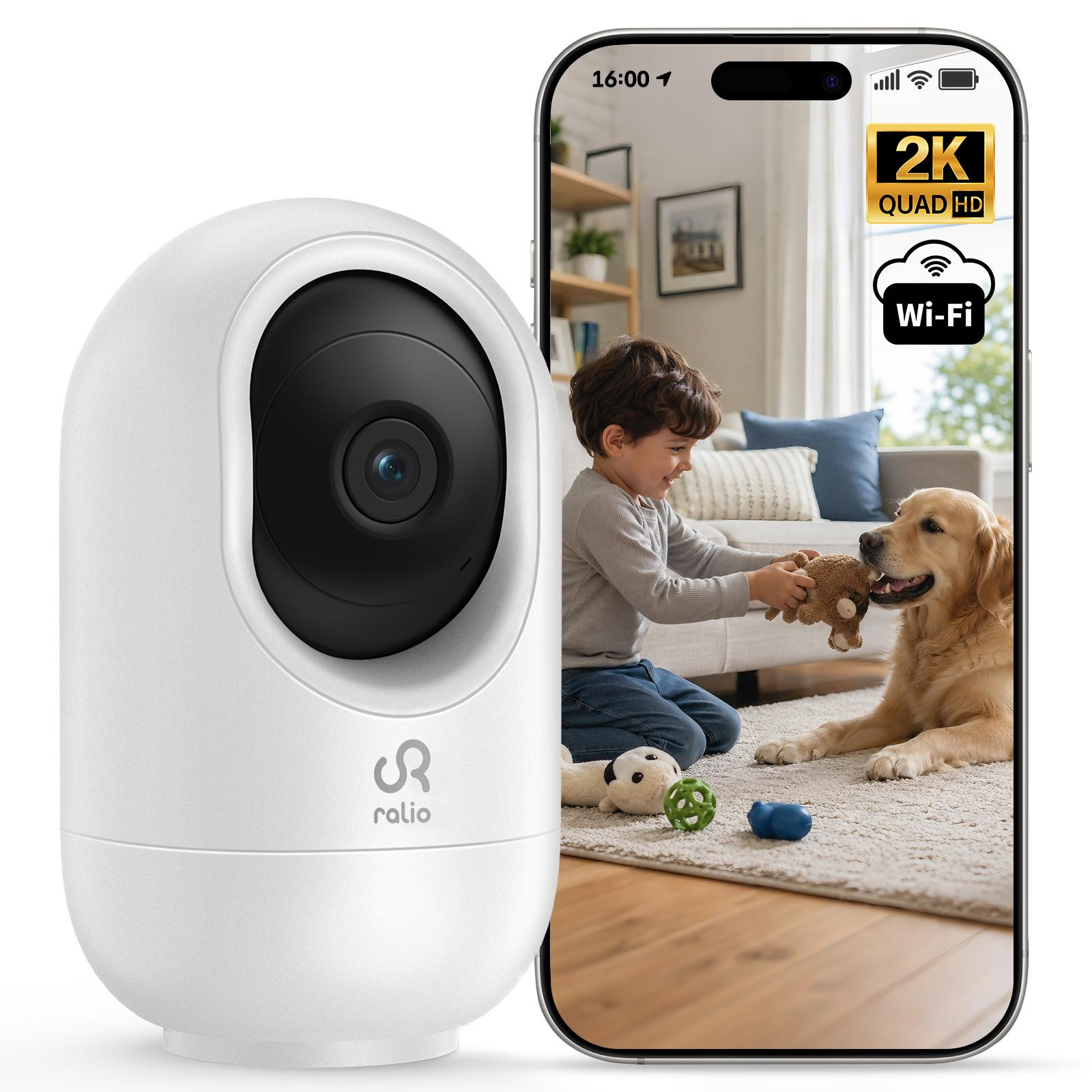 Ralio WiFi bewakingscamera 2K/3MP voor binnen met nachtzicht, bewegingsdetectie en tweewegs audio, 2.4/5GHz