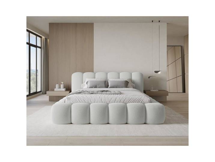 Chilly. Design Lit Stone 140 x 200 - Lit Coffre Rembourré - 2 Personnes - Revêtement Élégant Tissu Bouclé Gris