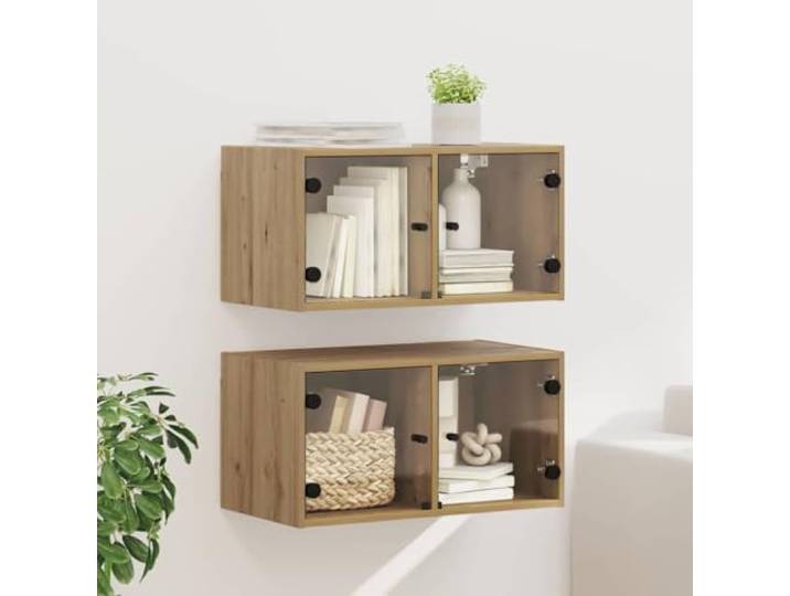 2er Set Wandschrank Holzwerkstoff Artisan-Eiche 68x37x35 cm mit Glastüren Moderner Wandschrank, 2 Stück, Glastüren, Wandmontage spart Bodenfläche, pflegeleichte Oberfläche