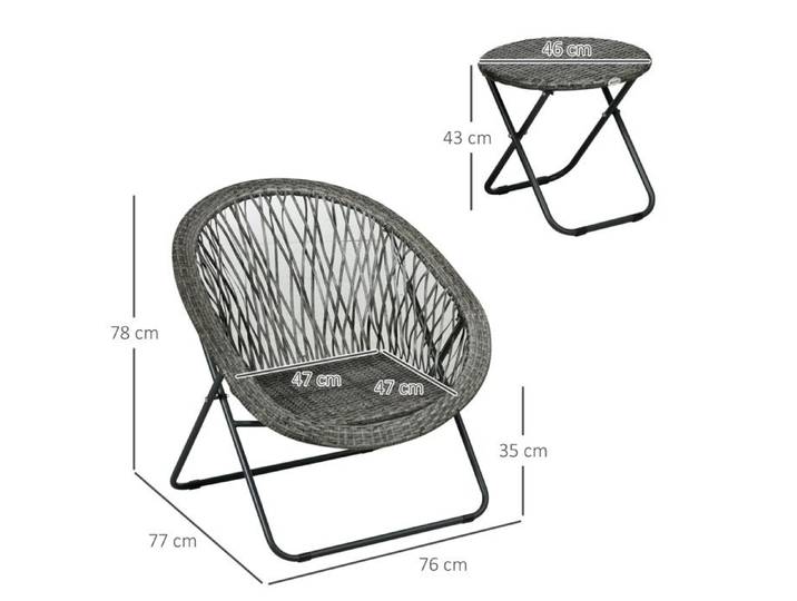 Salon de jardin pliable Set de balcon avec table basse & 2 chaises coussins inclus acier gris pour terrasse & jardin