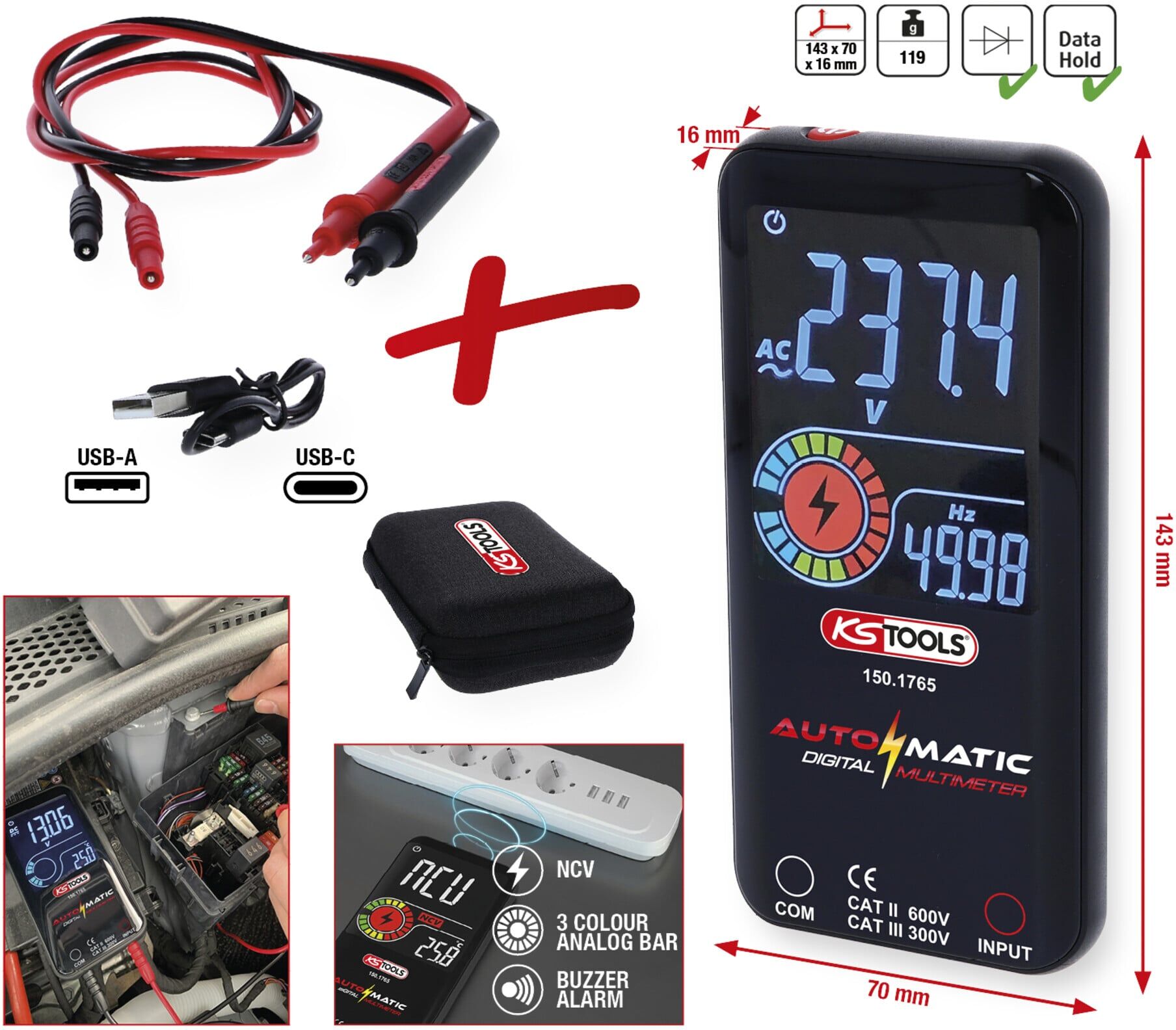 KS Tools Automatik Digital-Multimeter inkl. Prüfspitzen (150.1765)