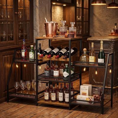Garvee Wine Cabinet with Guardrails, Iron & Wood, 4 Tier Floor Bar Shelf