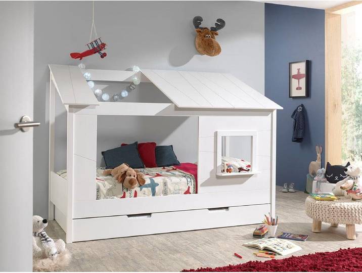 Kinderbett VIPACK Hausbett, aus MDF und Massivholz weiss lackiert, inkl. Fenster vorne , weiss (weiß), B:108cm H:159cm L:214cm, Betten, Kinderbett, wahlweise mit oder ohne Bettschublade auf Rollen