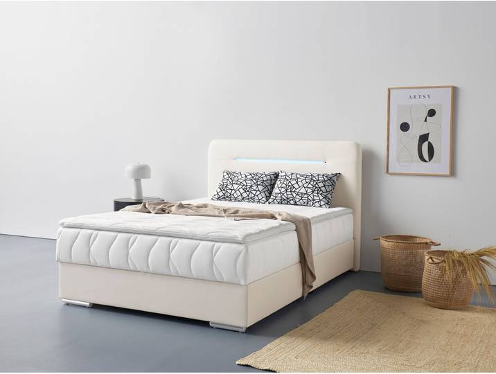 Boxbett, Polyester, Beige, 146×207 cm, Mit LED-Beleuchtung, Topper & Bettkasten, Cotta