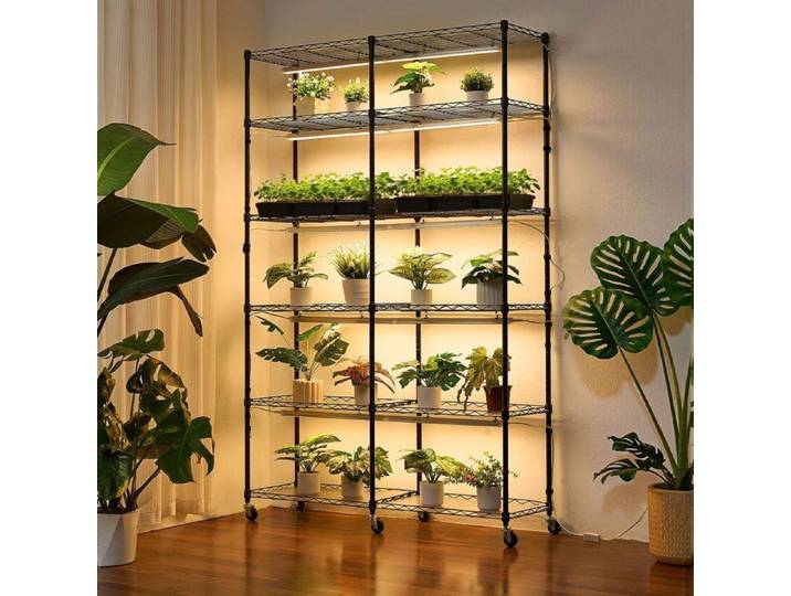 Support Plantes Intérieur avec Lampe Croissance - Étagère 6 Niveaux Double Rangée Roulettes Meuble Présentoir pour Pots de Fleurs