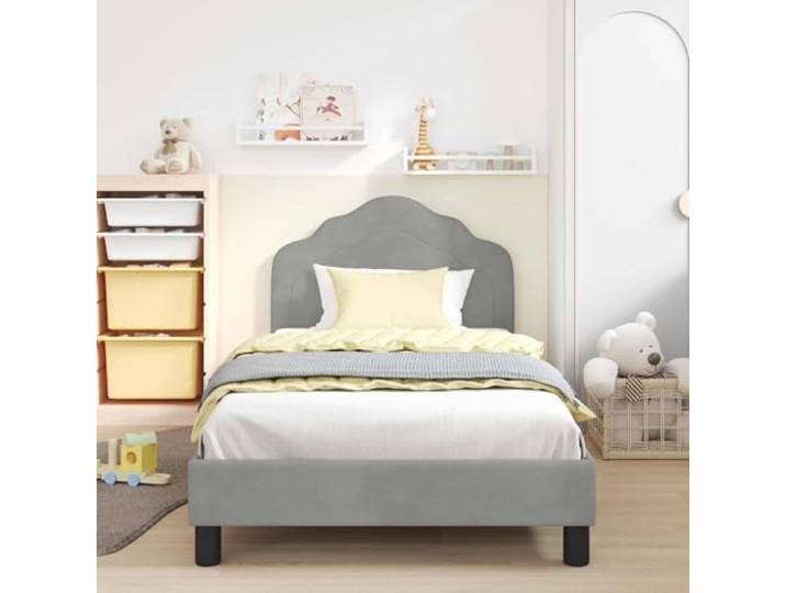 KTHLBRH Bettgestell für Einzelbett, hellgrau, 90 x 200 cm Technisches Holz, Samtbezug, feste Lattenroste, niedriges Design, einfache Montage