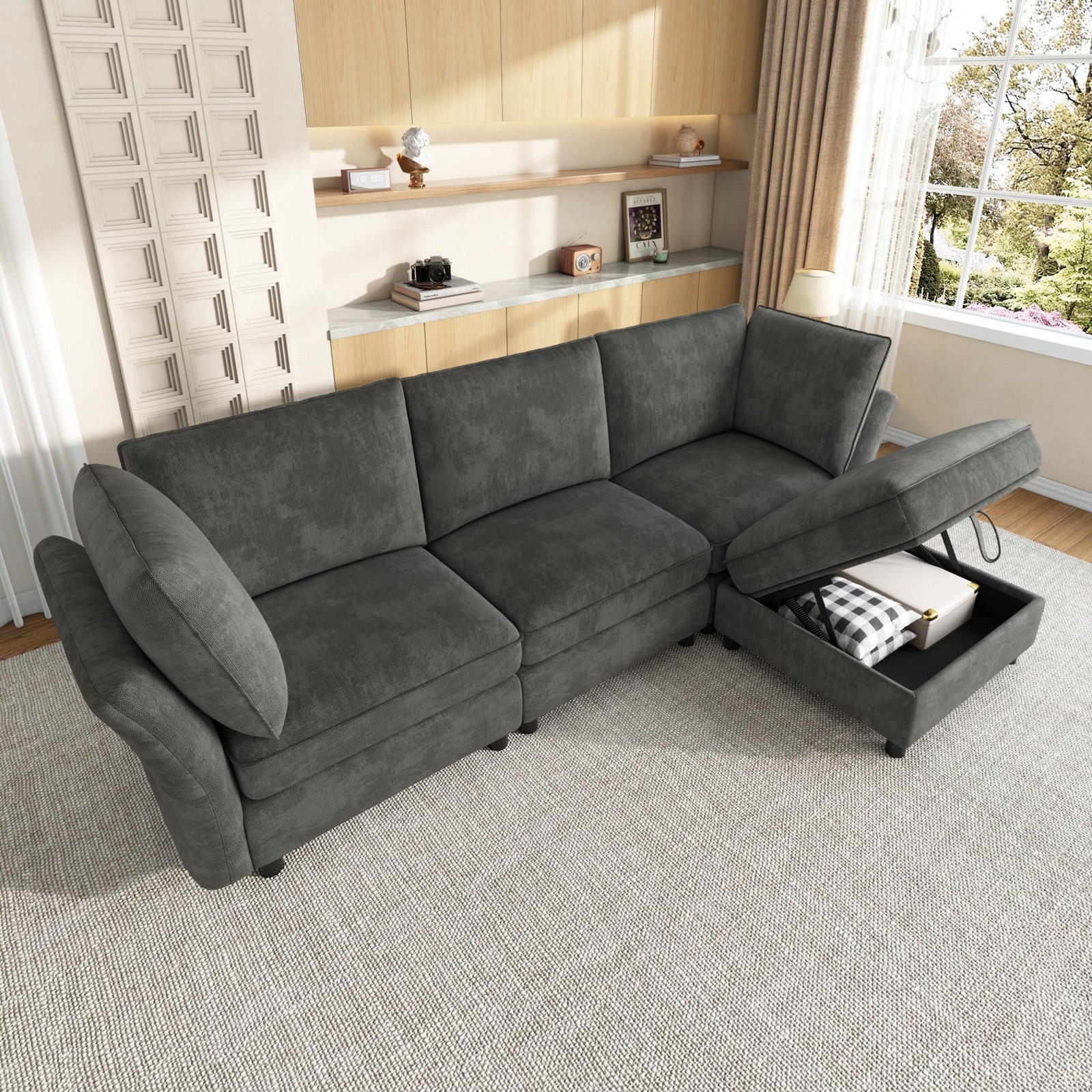STILVORA Modulaire Cloud bank voor 4 personen, grijze chenille hoekbank met opbergkrukje en 2 armleuningkussens