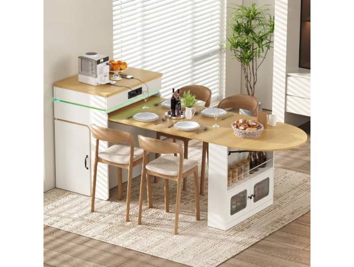 YAIXBNG Kücheninsel mit Rollen, Ausziehbarer Esstisch mit Steckdosenleisten und LED-Beleuchtung, Anrichte mit Schubladen, dient als Kücheninsel, Sideboard oder Bartisch für Küche und Esszimmer (Weiß)