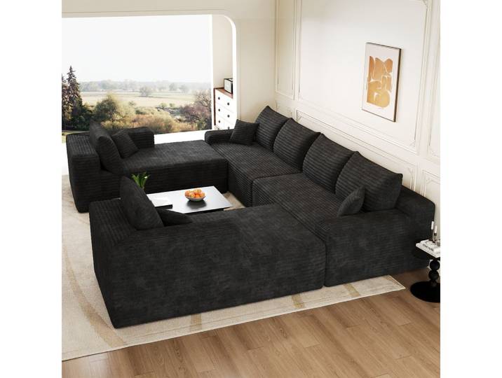 BBG Wohnlandschaft Modulares Cordsofa 302 x 242 cm, 8-Sitzer Wohnlandschaft, Boneless Sofa mit hochelastischer Schaumstofffüllung, weiches Sofa