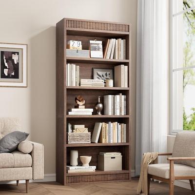 Garvee "71"" Tall Wooden Bookcase with Double Fluted Design, 5 Tier Vintage Bookshelf with Wooden Base, for Office Library"