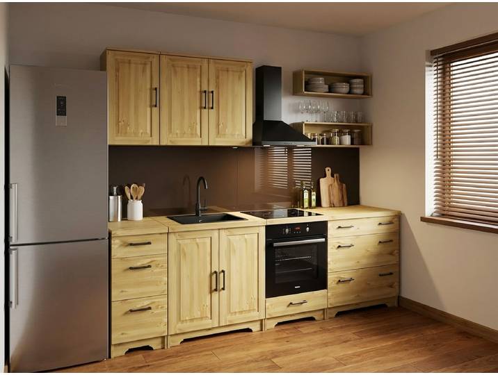 Küchenzeile HOME AFFAIRE Meliss , braun (küche: natur, korpus: natur, arbeitsplatte: natur), B:260cm T:60cm, Komplettküchen-Sets, Küchenzeile, aus massiver Kiefer, mit Soft-Close-Funktion, 8-teiliges Set