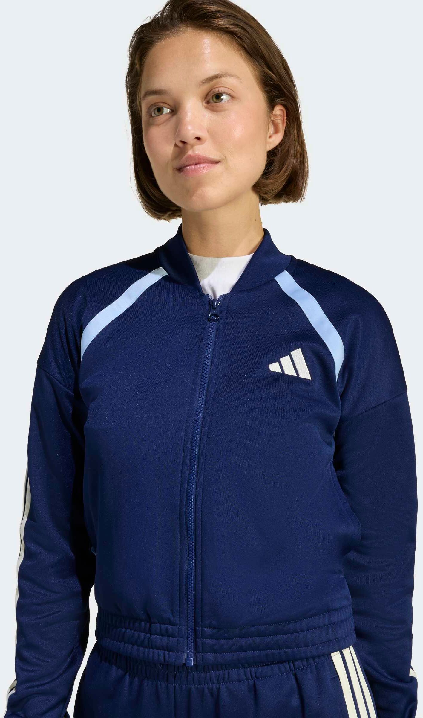 Trainingsanzug ADIDAS SPORTSWEAR "TEAMSPORT", Damen, Gr. XXL, blau (dunkelblau, sanftes weiß), Obermaterial: 53% Baumwolle, 47% Polyester, Sportanzüge Trainingsanzug, Jacke schmal geschnitten; Hose regulär geschnitten, hoher Bund dunkelblau, sanftes weiß 