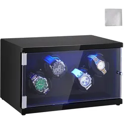VEVOR Uhrenbeweger, Automatik-Uhrenbeweger, Watch Winder, Uhrenbeweger für Automatikuhren, Automatischer Uhrenbeweger mit Platz für 4 Uhren, LED Beleuchtung, Max. 20 cm Riemenlänge Schwarz