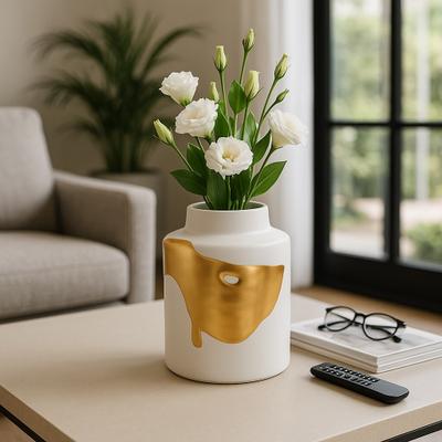 Sagebrook Home Procida White Porcelain Vase with Gold Abstract, Pretty Piece of Decor