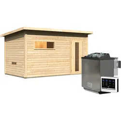 Karibu Gartensauna Saunahaus Hytti 6 naturbelassen Isolierte Saunatür 11 kW Bio-Kombiofen inkl. Steuergerät inkl. gratis Zubehörpaket im Wert von 126,96€