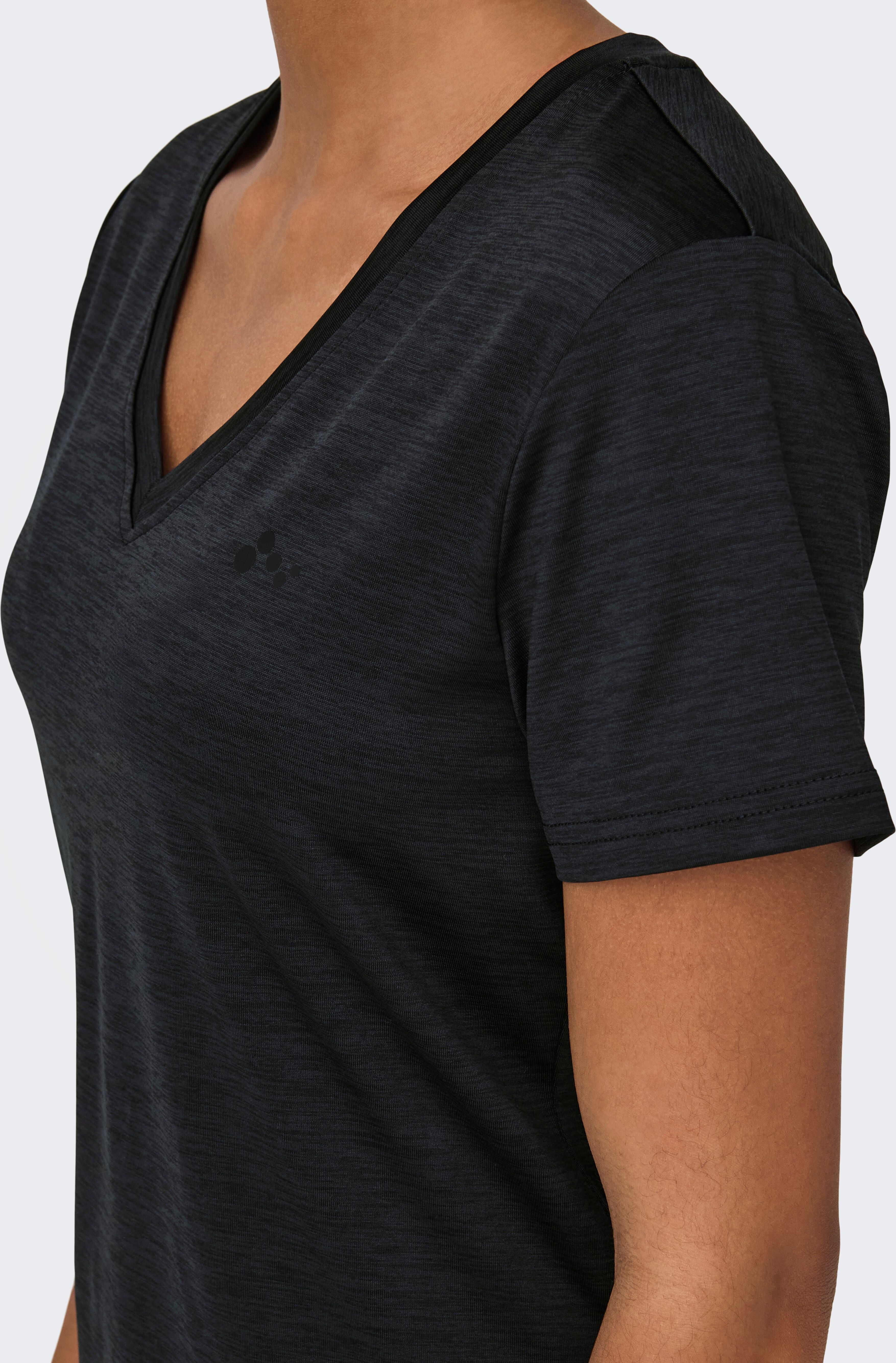 Trainingsshirt ONLY PLAY "ONPCORE LIFE VN SS REG TEE NOOS", Damen, Gr. S, schwarz (schwarz detail:melange), Single Jersey, Obermaterial: 96% Polyester, 4% Elasthan, meliert, regular fit normal, V-Ausschnitt, Shirts Trainingsshirt, mit reflektierenden Deta