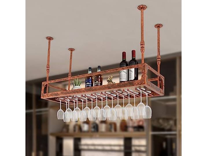 Begoniape Deckenregal Weinregal Weinflaschenhalter Hängender Retro Eisen Dekoration Regal Höhenverstellbare Hängeregal bis 50kg für Bar Café Küche Bronze (100 * 35 * 35-55 cm)