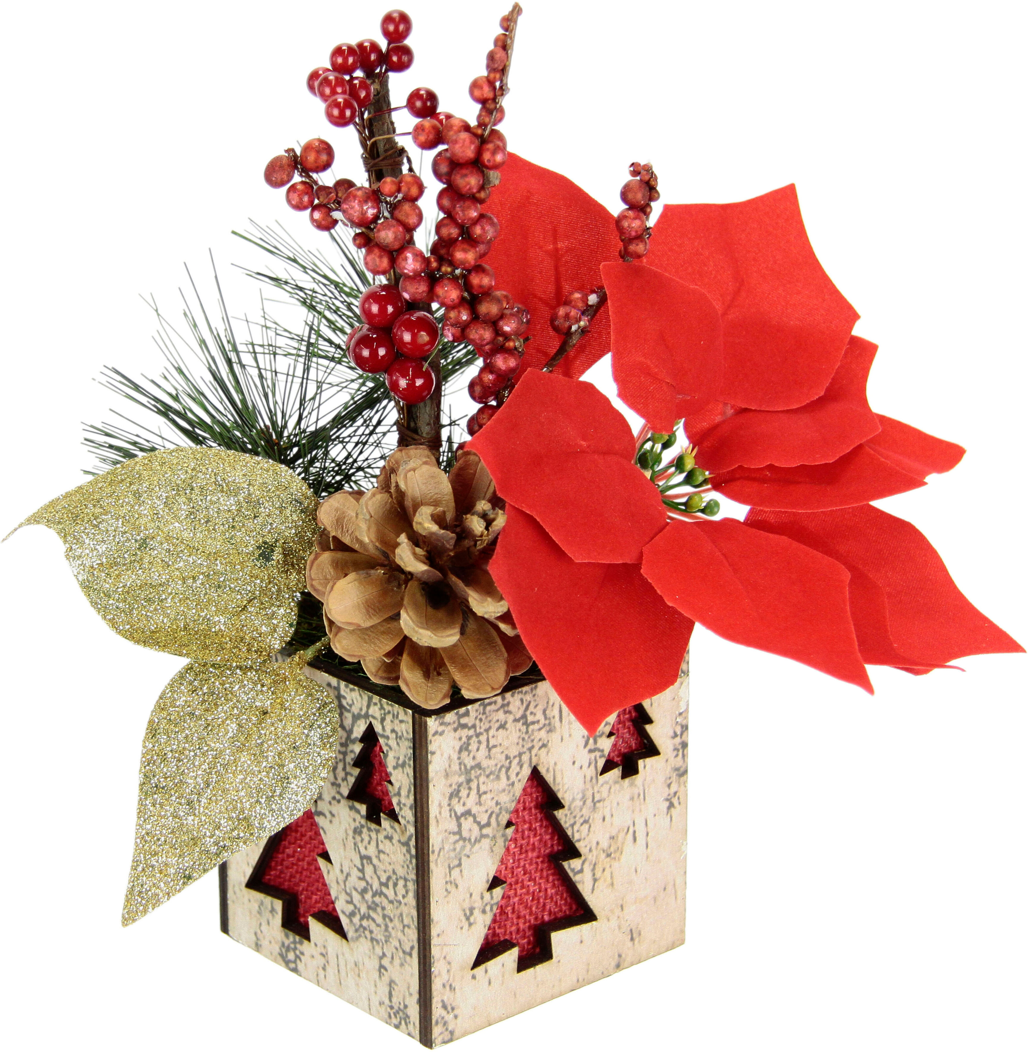 Winterliche Kunstpflanze I.GE.A. "Gesteck mit Poinsettia im Topf, Weihnachtsstern, Weihnachtsdeko", rot, H:26cm Ø:15cm, Kunststoff, Polyester, Kunstpflanzen, Kunstblumen-Gesteck mit Beeren, Zapfen und Tannenzweigen