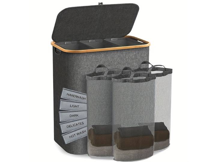 Panier à linge pliable 160L, avec trois sacs à linge extensibles et amovibles, poignées en bambou, panier à linge étroit, gris foncé.