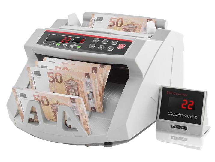 BuoQua FJ0288 Compteuse de billets blanche avec contrôle d'authenticité Compteuse de billets 1000 pièces/min avec systèmes UV et MG Compteuse de billets 7 kg avec écran LED pour Euro Dollar Livre (26 x 23\,5 x 17 cm)