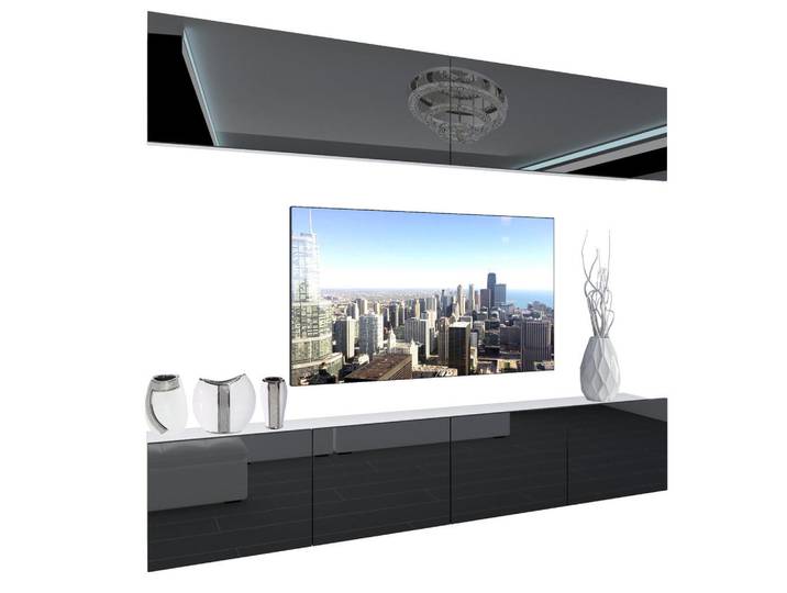B Belini Group Wohnzimmerwand Schrankwand mit LED Schwarz, Holz, 200x180x36 cm, Wohnzimmer, Wohnwände
