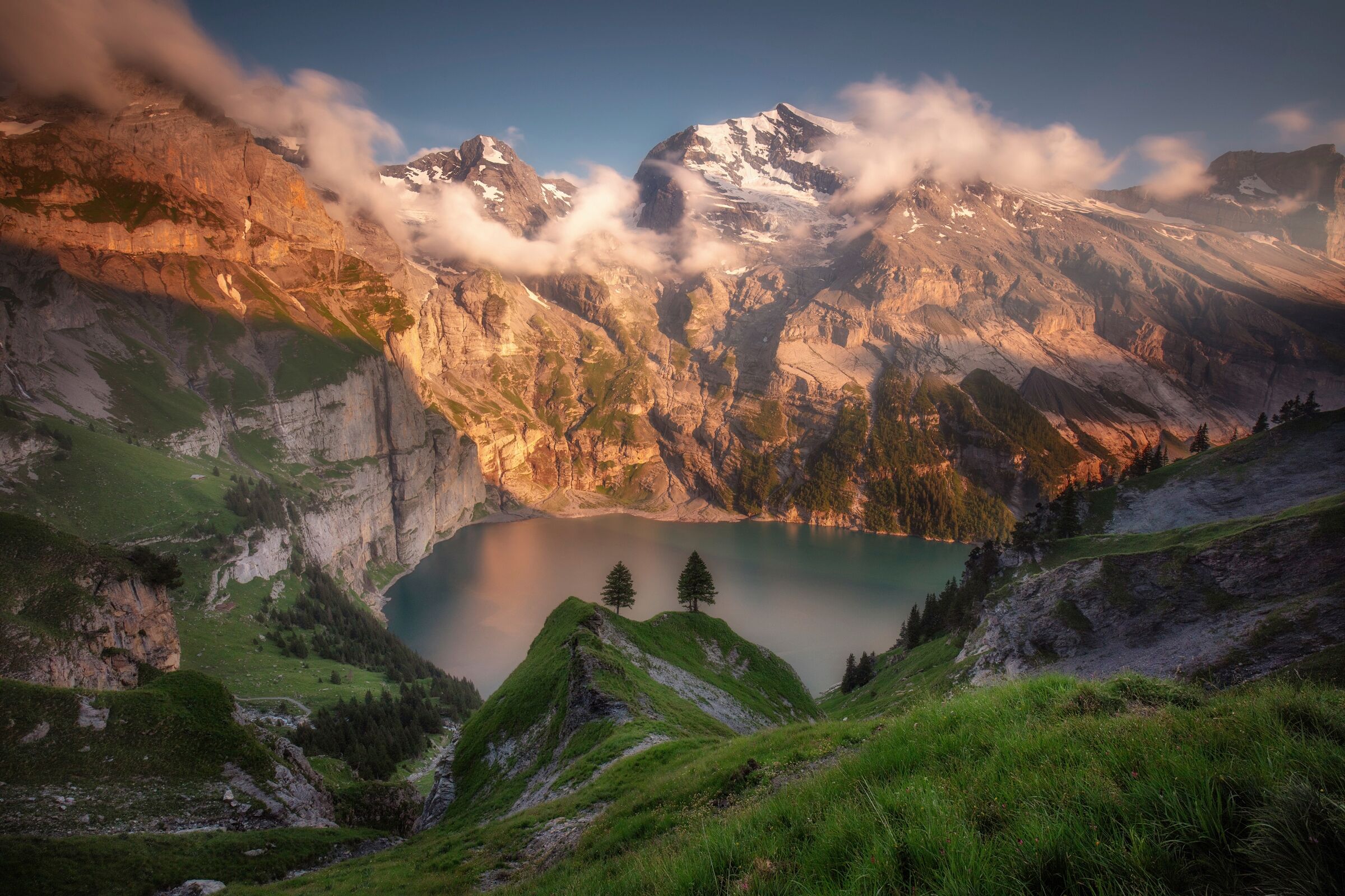 Fototapete PAPERMOON "Photo-Art RICHARD BERESFORD HARRIS, OESCHINSEE", bunt, B:3,5m L:2,6m, Vlies, Tapeten, Fototapete bunt B/L: 3,5m x 2,6m, Bahnen: 7 Stk.