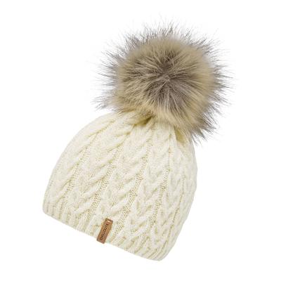 Bommelmütze CHILLOUTS "Tabea Hat", Damen, beige, Feinstrick, Materialmix, Fellimitat, Zopfmuster, meliert, unifarben, Mützen, mit abnehmbarem Kunstfell-Bommel