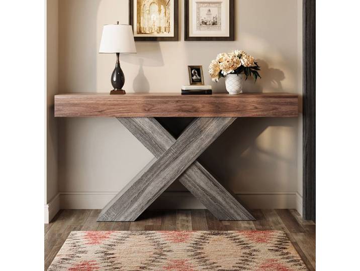 Console à pieds en X-140x30x80cm-console étroite-aspect bois-table d'appoint-Noyer