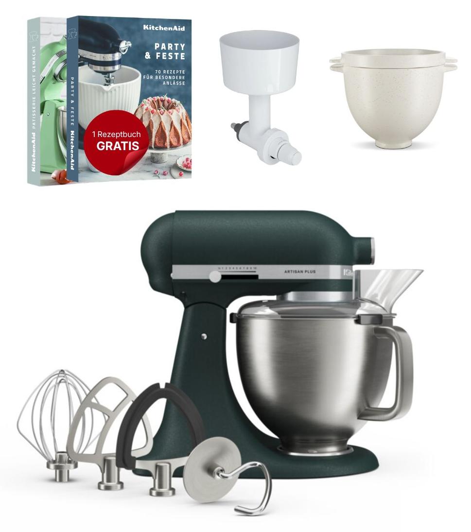 KitchenAid 4,7 L 5KSM50 Artisan Plus Küchenmaschine Breadlover mit Messerschmidt Getreidemühlenvorsatz + Brotbackschüssel Pebbled Palm