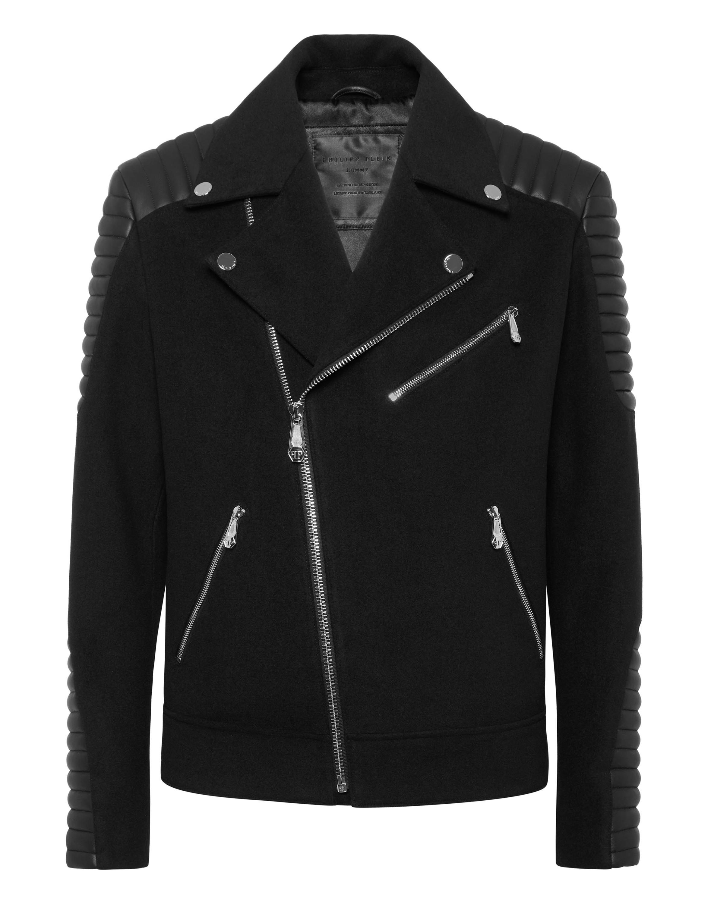Philipp Plein Bikerjacke aus Wolle mit Ledereinsätzen - Schwarz