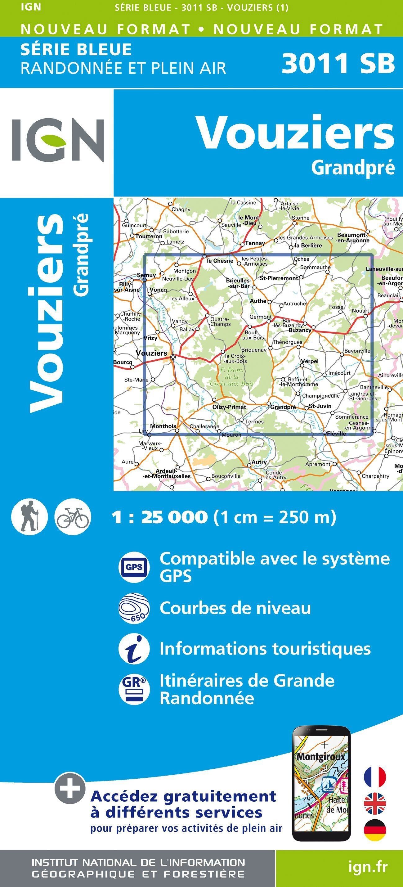 Carte de randonnée IGN Série Bleue n° 3011 - Vouziers, Grandpré