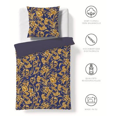 Wendebettwäsche FLEURESSE "Valencia", blau, B/L: 135cm x 200cm, 1 Stk., 1 Stk., Flanell, B/L: 80cm x 80cm, 2 Stk., Flanell, Obermaterial: 100% Baumwolle, Bettwäsche, Wendebettwäsche, kuschelweicher Flanell mit Samt-Finish