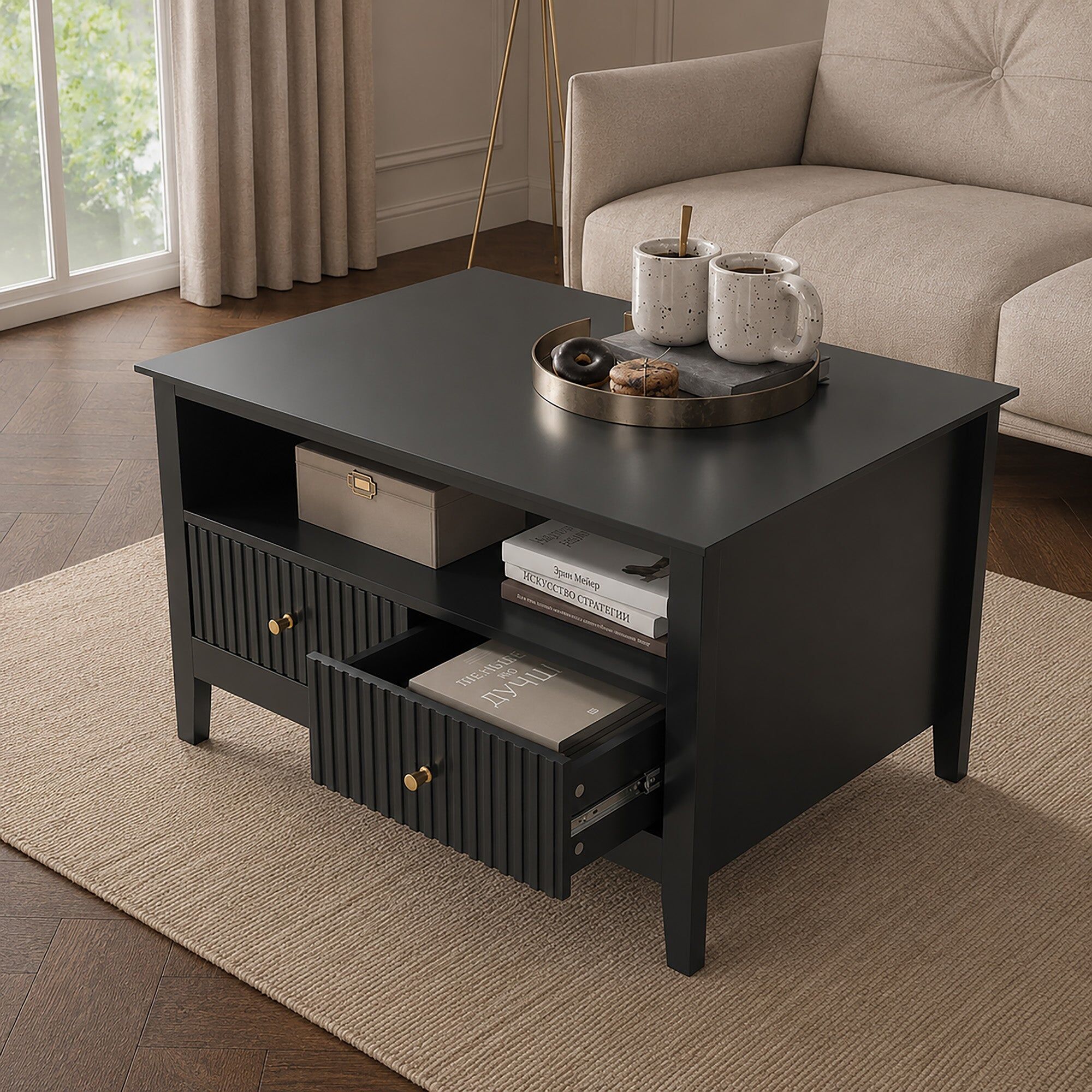 Fluted Four Drawer One Shelf Coffee Table - Hales Black Range Manufactured Wood, Metal