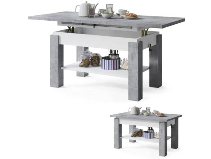 All4All Couchtisch Astra - Kaffeetisch - Wohnzimmertisch – Sofatisch mit Ablage - höhenverstellbar - kompakte Größe - Sofatisch - 110x68cm - 05 - BETONOPTIK + WEIß